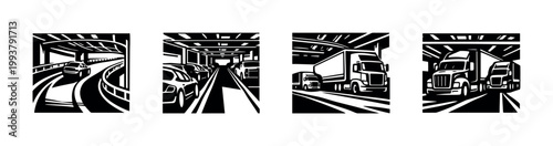 Black and white highway traffic illustration, vehicles on road, transportation vector silhouettes