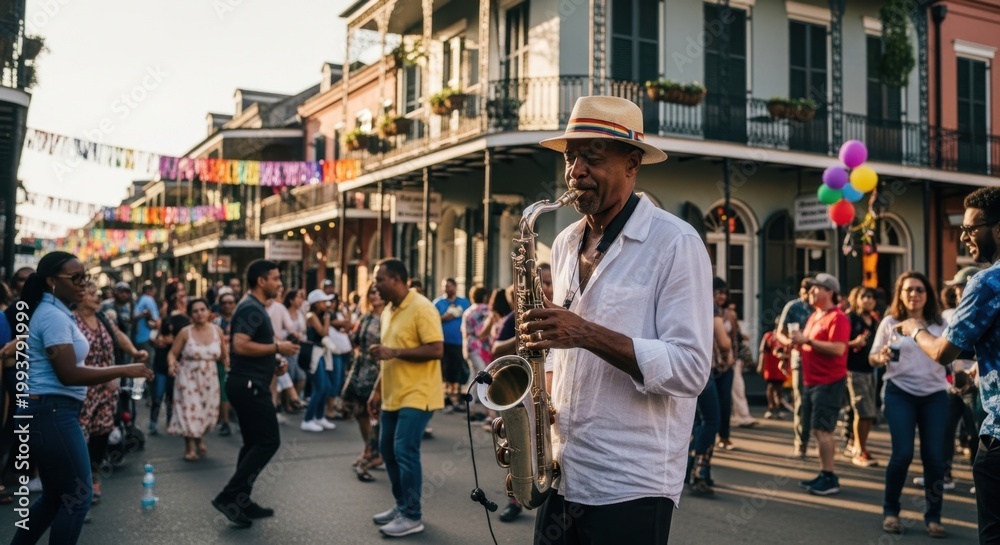 Obraz premium Street Musician Playing Saxophone in Vibrant Festival