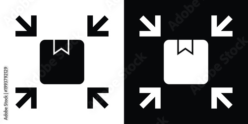 box, framed by inward-pointing arrows. Represents logistics, delivery, warehouse, shipping, or supply chain services. Clean, high-contrast vector icon.