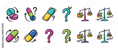Colorful hand-drawn icon set illustrating healthcare choices with pills, scales weighing food against medicine, and question marks representing truth versus myth in medical information