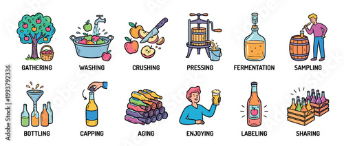 Cider making process infographic icon set shows the steps from gathering apples to sharing the finished beverage in a colorful hand-drawn cartoon style illustration
