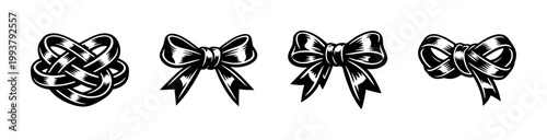 Elegant black and white ribbon bow vector clipart, decorative knots, silhouette illustrations for design