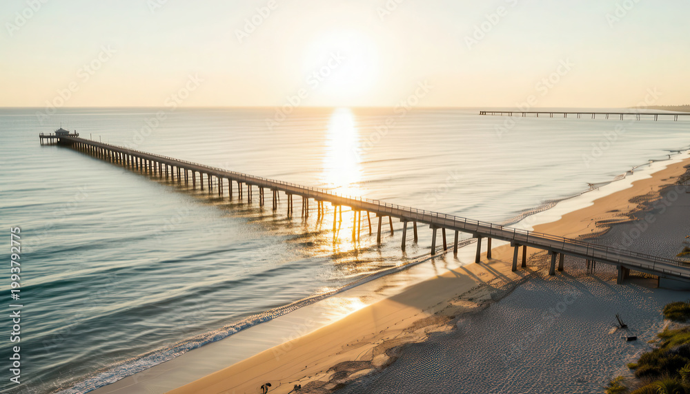 Fototapeta premium A long pier extends into calm water as the sun sets, casting reflections on the surface. The beach is sandy, with subtle waves lapping against the shoreline.