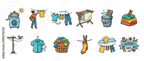 Set of colorful laundry day icons showing a washing machine, clothesline, basket, and folded clothes in a cute hand-drawn doodle style for household chore concepts