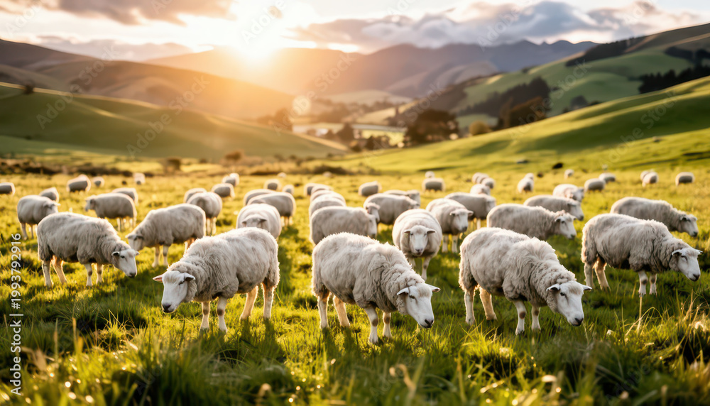 Fototapeta premium many sheep grazing in a vibrant green field. The sun sets behind the hills, casting a warm glow over the sheep and the grassy landscape.