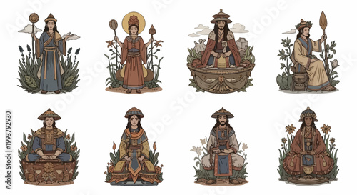 Vintage Asian Royalty Figures Collection: Emperors, Empresses, and Deities