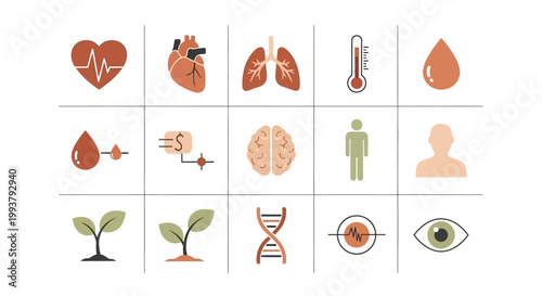 Medical Health Icons: Heart, Lungs, Brain, DNA, Eye, Thermometer, Blood Drop