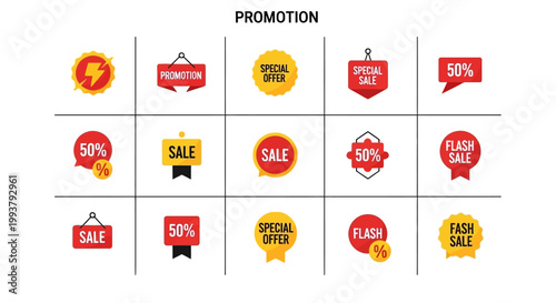 Sale Promotion Icons: Special Offer, Discount, Flash Sale, 50% Off