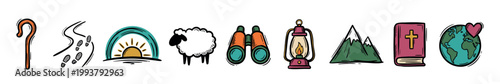 Collection of Christian faith doodle icons depicting a spiritual journey with a bible, sheep, mountain, lantern, and globe with a heart in a colorful sketch style
