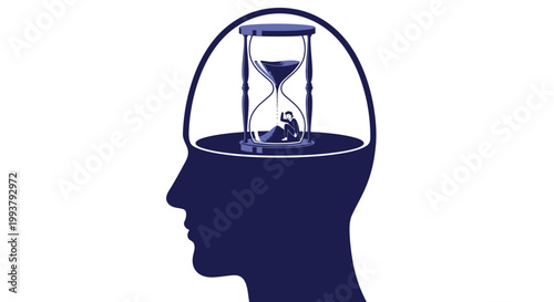 Man Trapped Inside Hourglass Within Head Silhouette, Time Pressure Concept