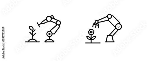Robotic arm planting flower line icons set smart agriculture technology automated farm machine robotic gardening system artificial intelligence & more vector illustration.