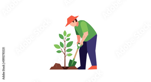 A man in a green shirt and orange hat planting a small tree in the ground with a shovel