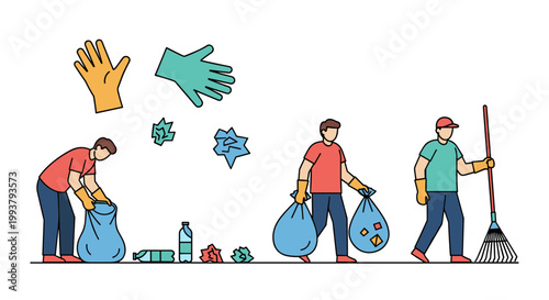 A vector graphic illustration of people cleaning up trash and debris in a community