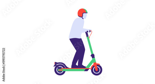 A person riding a green electric scooter with a helmet on a white background