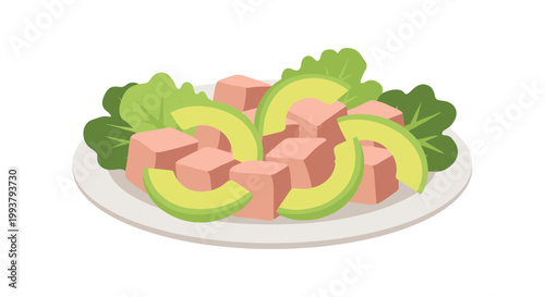 A vector graphic illustration of sliced ham and avocado on a plate