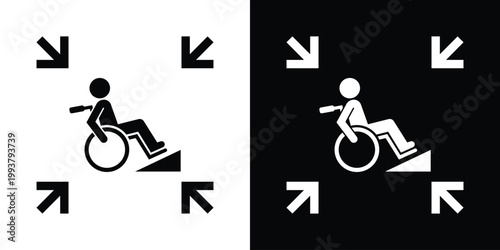 Accessibility icon featuring a person in a wheelchair with inward arrows. Represents inclusive design, disability awareness, medical support, and accessible infrastructure for public spaces.
