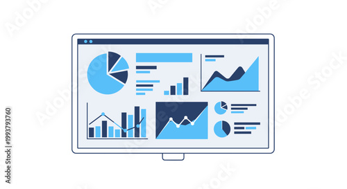 A computer monitor displaying various business charts and graphs in a vector graphic design