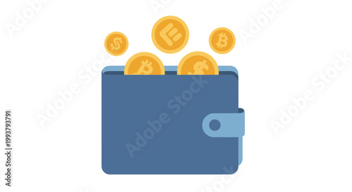 A blue wallet with gold coins spilling out on a white background