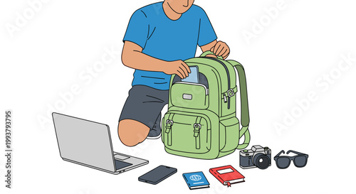 A man preparing for travel with a green backpack and gadgets