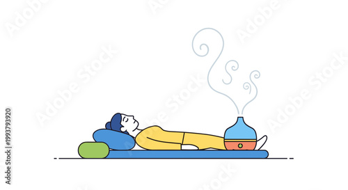 A person relaxing on a yoga mat with a steaming kettle nearby