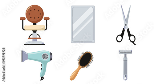 A set of vector graphic icons for barber shop tools and equipment