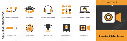 Online learning icon set. Containing course link, e learning, headset, online course, laptop class, progress bar, stopwatch, trophy, verified badge and more. Solid fill vector icons.
