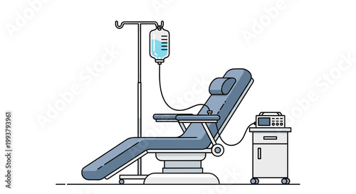 A medical reclining chair with an IV drip stand and cabinet