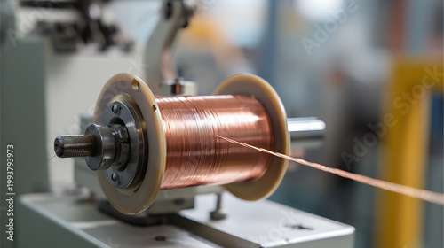Copper Wire Spooling on Industrial Machine, Manufacturing Process in Factory, Close-up of Metal Coil, Precision Engineering Detail