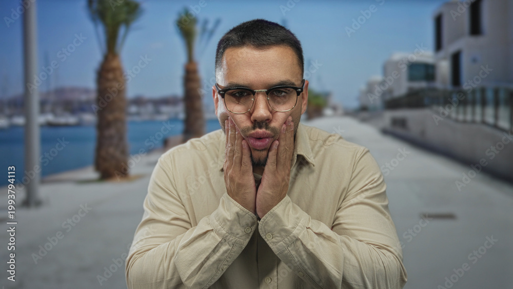 Fototapeta premium Young hispanic man in beige shirt pressing hands to cheeks on a sunny street lined with palm trees; joy.