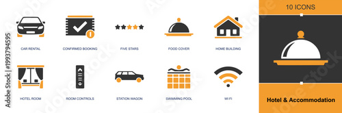 Hotel and accommodation icon set. Containing car rental, booking, five stars, room service, hotel room, room controls, station wagon, swimming pool, WiFi and more. Solid fill vector icons.