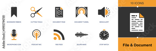 File and document icon set. Containing bookmark ribbon, scissors, document page, media alert, microphone, podcast mic, RSS feed, sound wave, stopwatch and more. Solid fill vector icons.