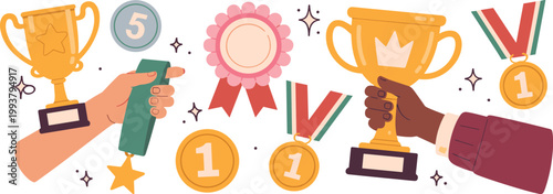 Collection of Trophies Medals Ribbons and a Number Five Coin