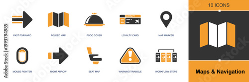 Maps and navigation icon set. Containing arrow, folded map, food cover, loyalty card, map marker, pointer, right arrow, seat map, warning triangle and more. Solid fill vector icons.