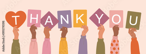 Diverse hands holding colorful cards spelling out THANKYOU on a light pink background thank you
