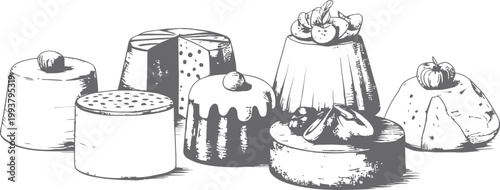 Set of various dessert puddings on transparent background hand drawn illustration sketch engraving.