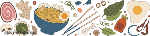 Illustrated Japanese Ramen Bowl with Ingredients and Chopsticks