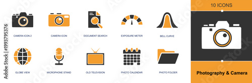 Photography icon set containing camera, exposure meter, globe map, globe view, microphone, old television, photo calendar, photo folder, document search and more, solid fill vector icons.
