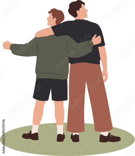 Two men standing back to back with one arm around the other on a green circular base friendship partnership