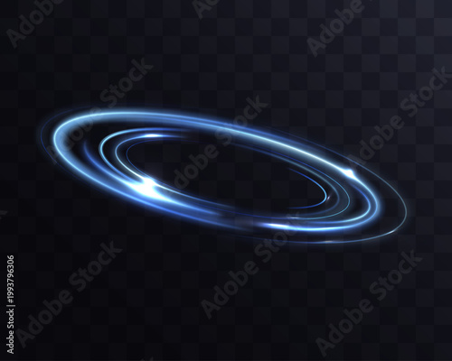 Abstract blue light vortex with glowing circular motion trail on transparent background.