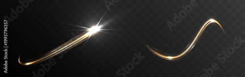 Abstract golden light trail with smooth glowing wave effect on transparent background.