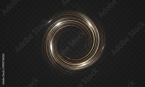 Abstract golden spiral light effect, dynamic glowing swirl with lens flare isolated on transparent background.