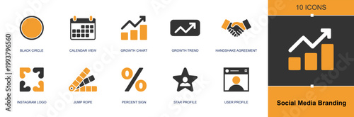 Social media branding icon set. Containing circle, calendar, growth chart, trend, handshake, Instagram logo, percent sign, star profile, user profile and more. Solid fill vector icons.