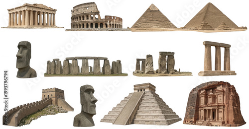Famous landmark png Ancient monument cutout World wonder collection png Historical building set cutout Global travel destination png Ruin architecture cutout isolated transparent background image