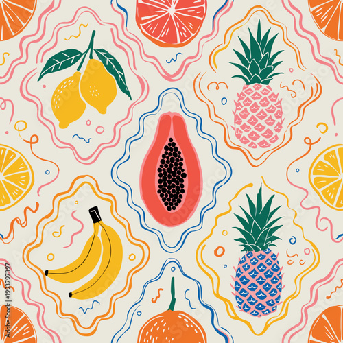 Colorful tropical fruit repeating pattern with wavy lines playful summer design