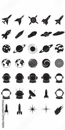 Black white space themed vector icons planets rockets astronauts silhouette set