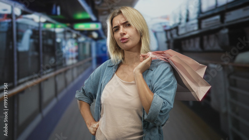 Canvas Print Young blonde hispanic woman with shopping bag over shoulder, hand on hip and pouting lips in a train station building; sassy defiance