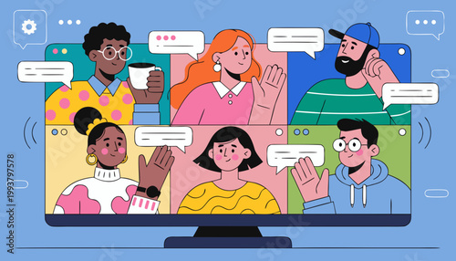 Diverse group people video call on computer screen remote team colorful vector