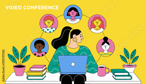 Woman in video conference with multiple people on laptop remote work vector