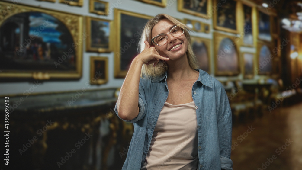 Fototapeta premium Woman makes call hand gesture to her ear while smiling in a museum building filled with framed paintings; playful curiosity.