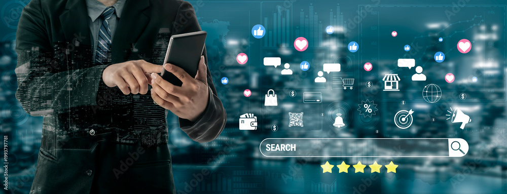 Fototapeta premium Business Professional Using Smartphone with Digital Icons and Cityscape Background for Modern Communication and Technology Concept Quark.